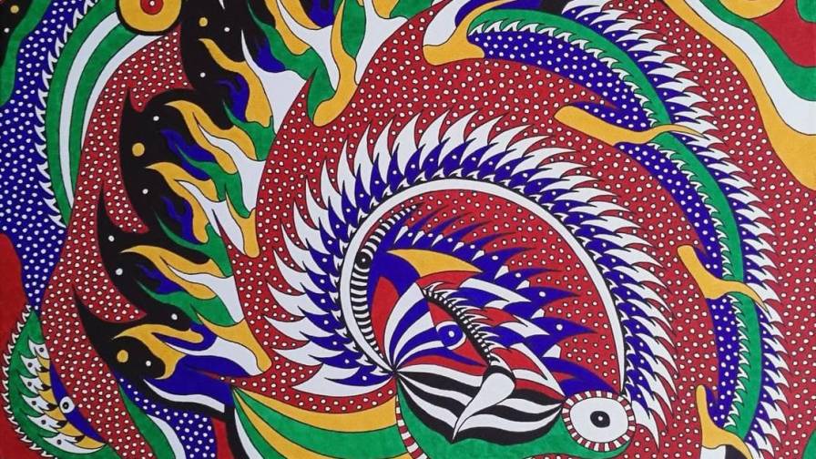 Gyvybė greta oriono cefeidės, 100x70cm. markeriai, drobė, fiksatorius. 2018m.